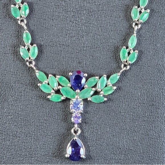 925 Sterling Silver Necklace 18" with Natural Sapphire, Emerald & Tanzanite Gems - Picture 7 of 9